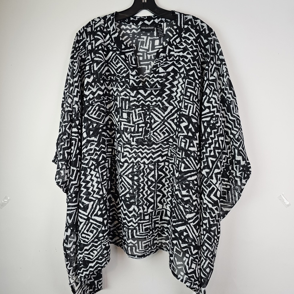 Nina Leonard Black White Caftan Top Semi Sheer Tunic XL Bohemian Cover Up Beach